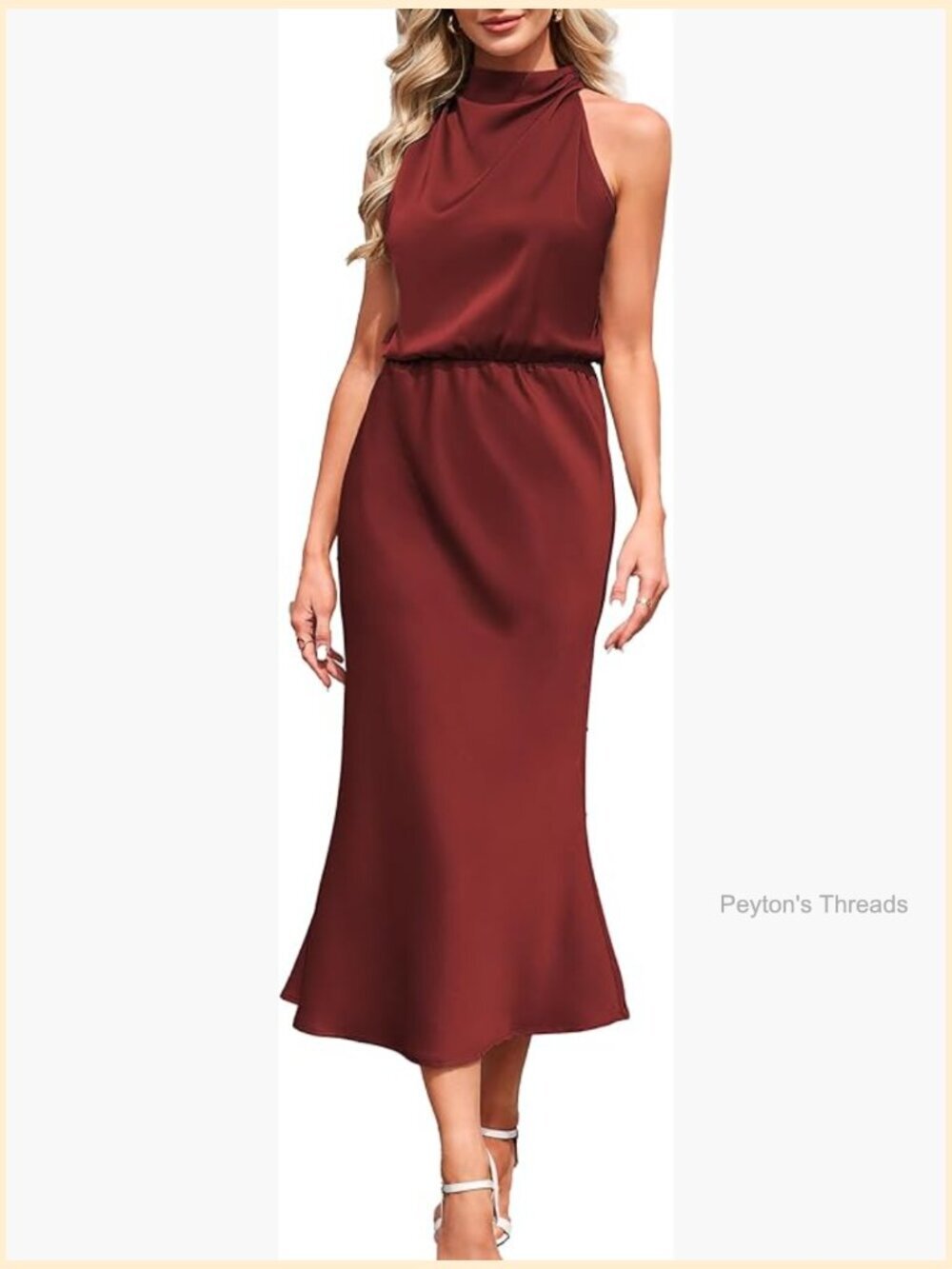 Satin Mock Neck Maxi Dress Sleeveless Flowy Elastic Waist Cocktail Wedding Guest